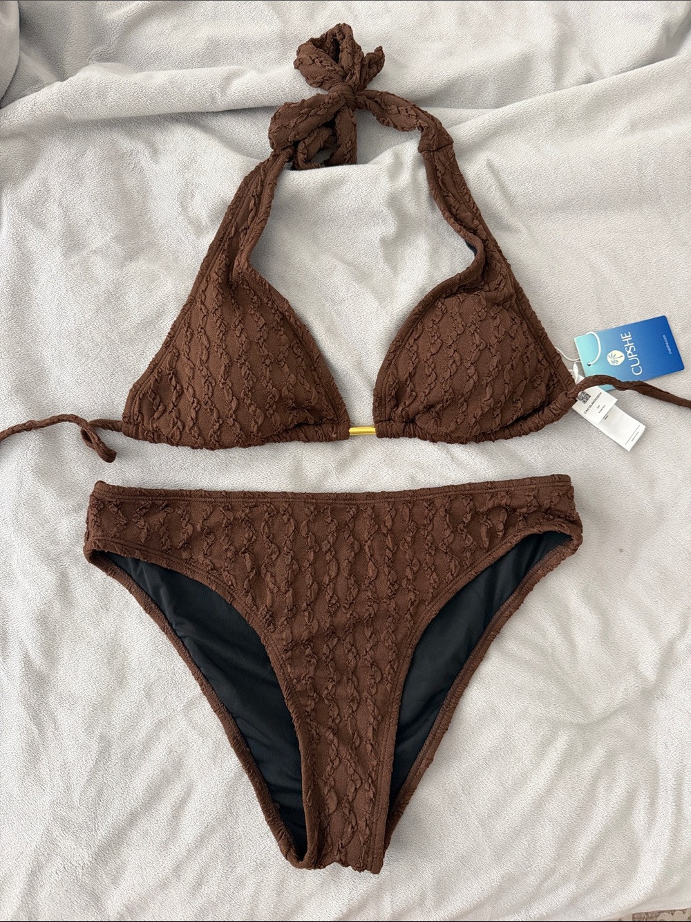 Cupshe Brown Textured Halter Triangle Bikini Set